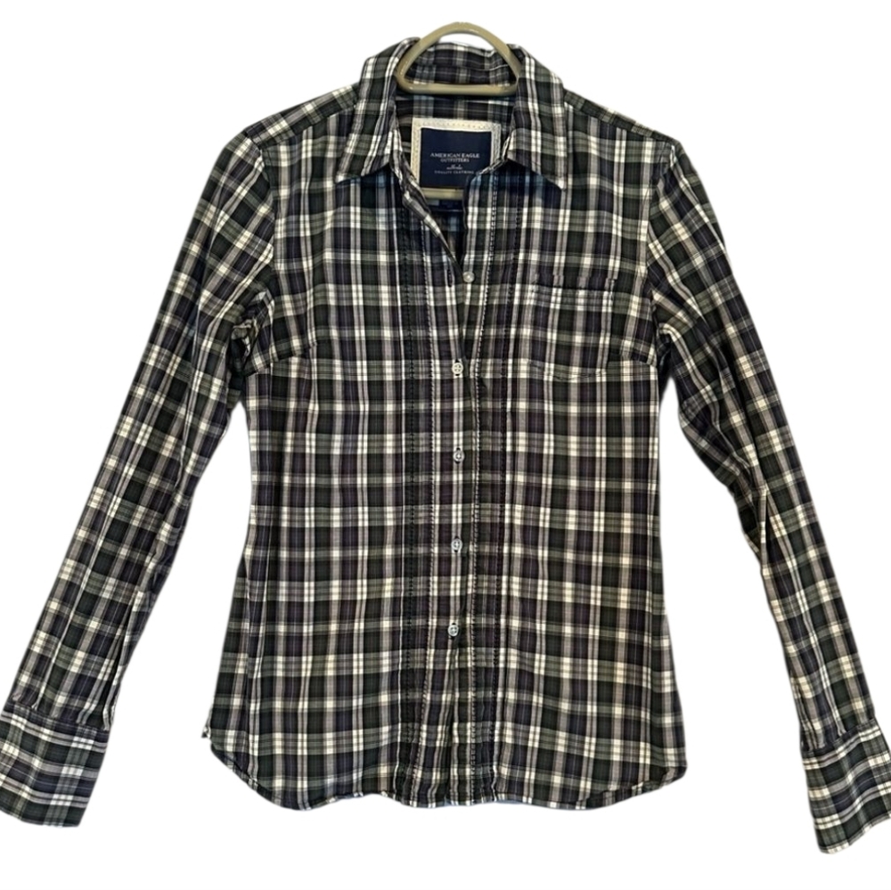 American Eagle Outfitters Blue, Green and White Plaid Button-Down Shirt Size 4